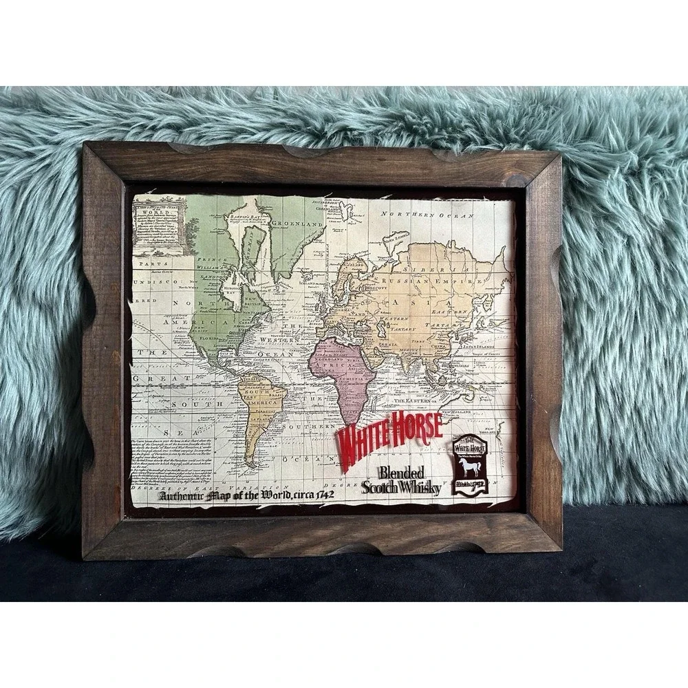 VTG White Horse Whiskey 1742 World Map Bar Wall Hanging Distillery Wood Frame‎